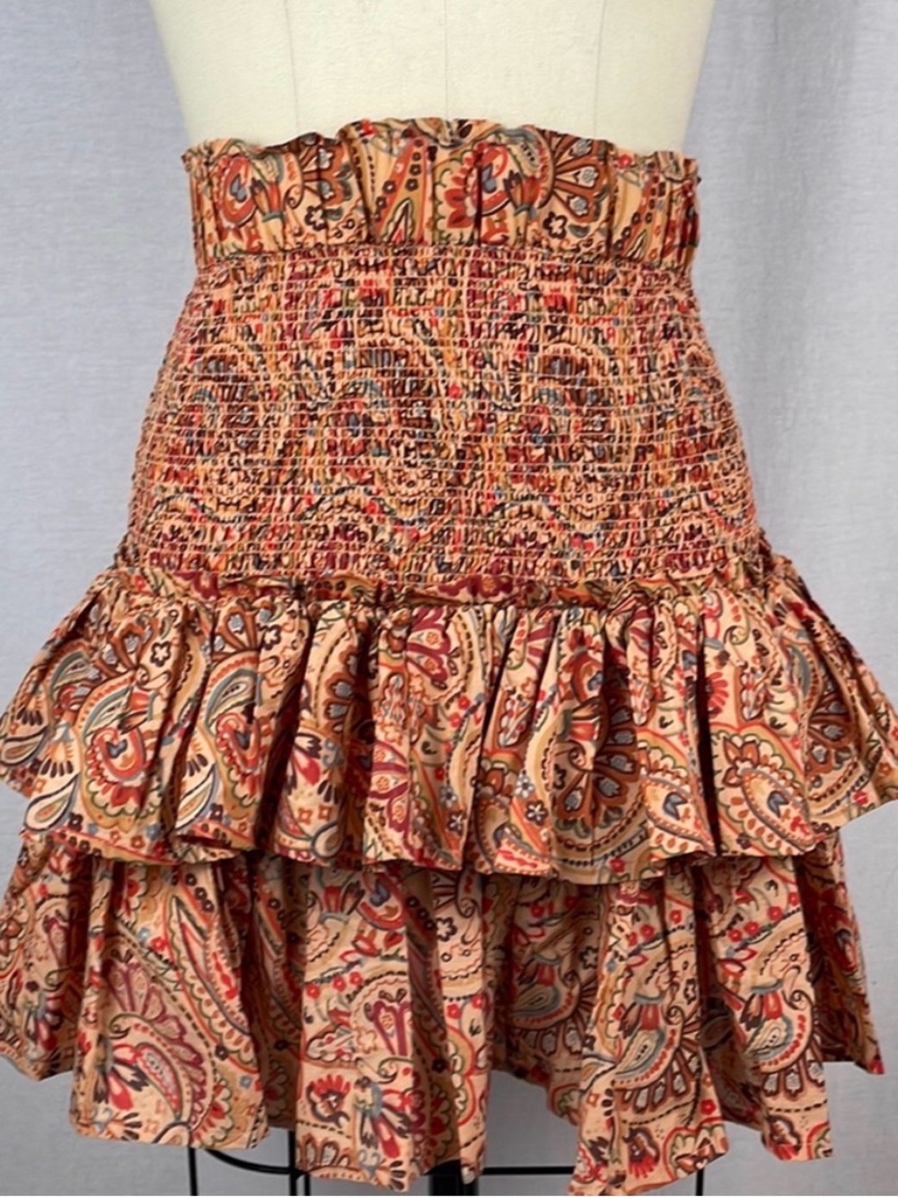 House of Harlow 1960 Boho Ruffle Skirt 100% Cotton Paisley Rust Brown - Medium